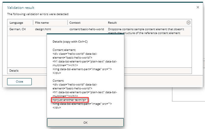 error message: Dropzone contains sample content element that doesn’t match the structure of the reference content element