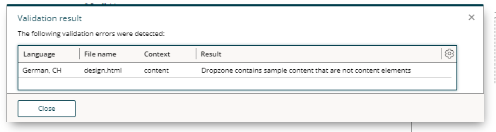 error message: Dropzone contains sample content that are not content elements