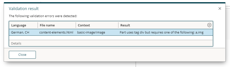 error message: Part uses tag div but requires one of the following: a