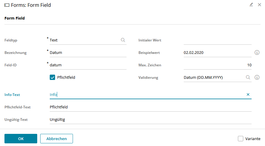 Form field editor with enabled text fields.